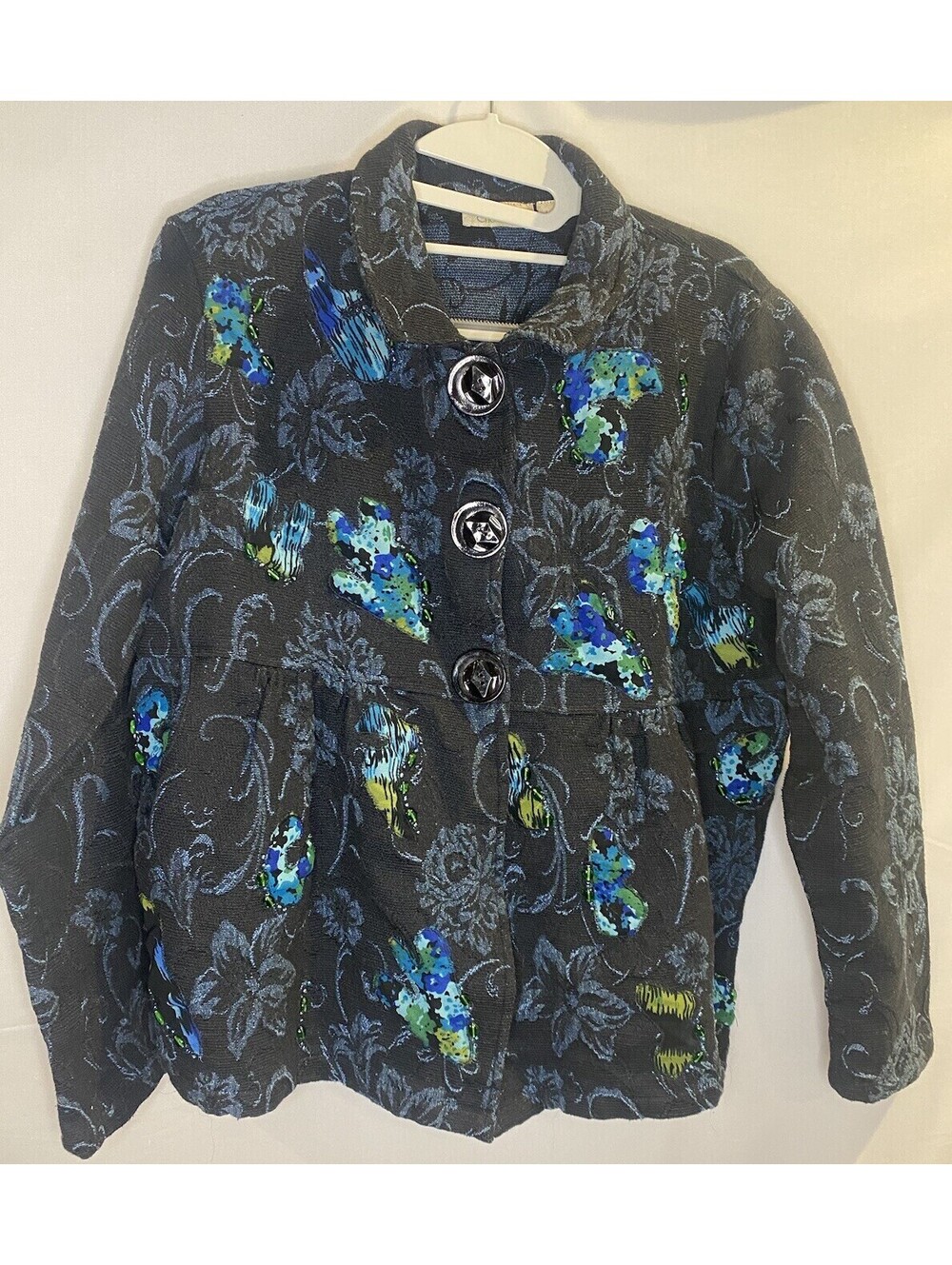 Large Quilted Women’s Jacket Floral Boho Art To Wear Beaded Grannycore